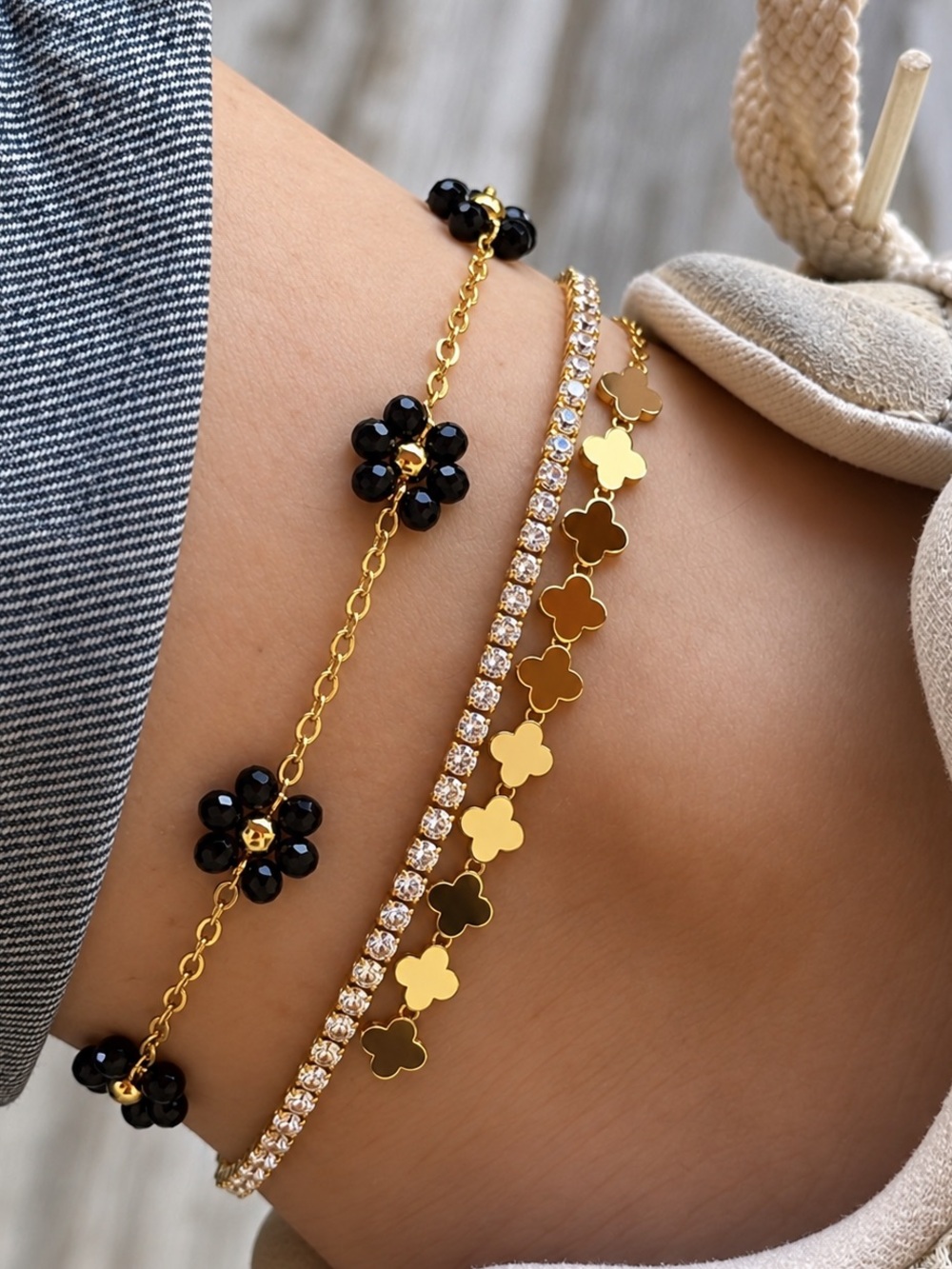 Dainty Clover Tennis Anklet 14k Gold Plated Crystal Stone Water Resistant - Picture 2 of 3